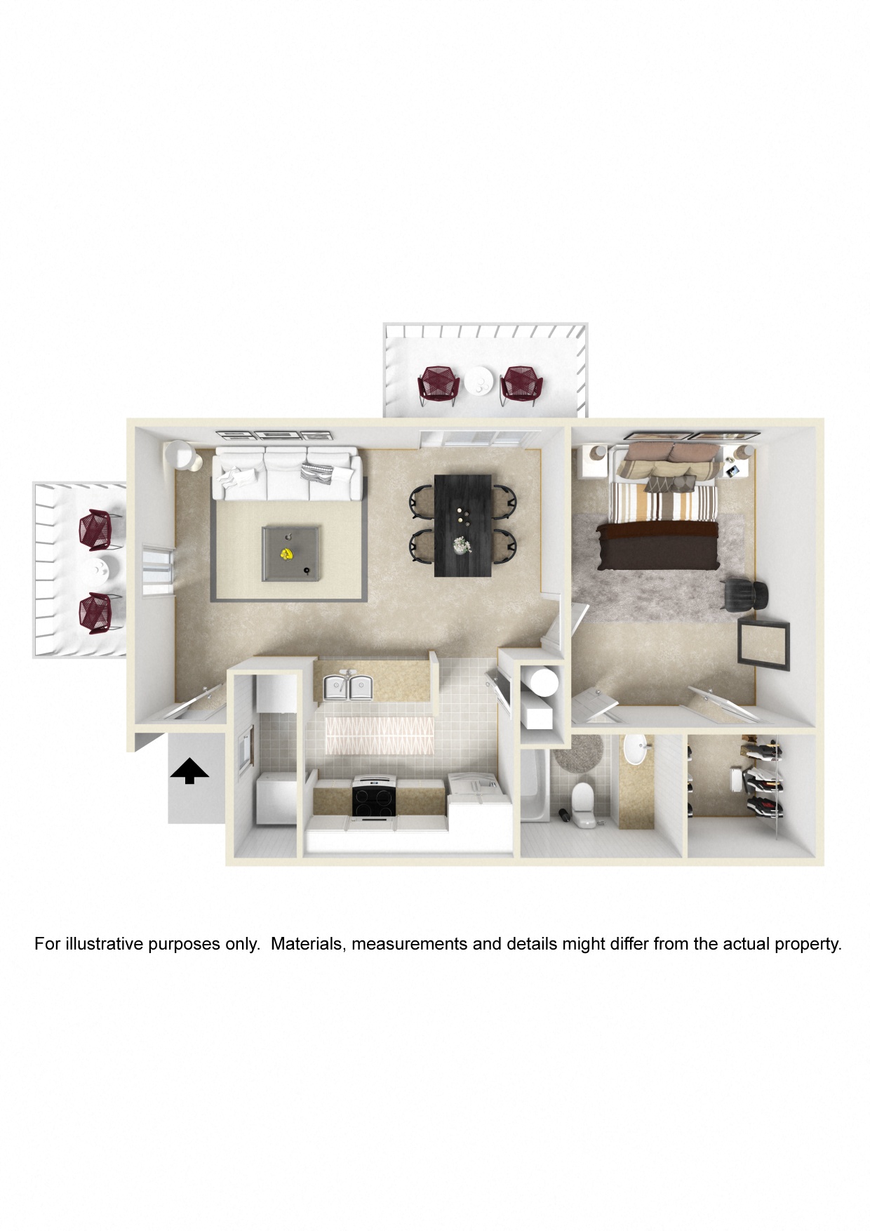Floor plan for 1 bed, 1 bath, 750 sqft